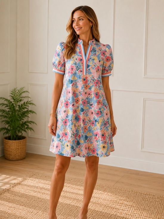 Umgee Dresses & Skirts - Umgee Floral Puff Sleeve Split Neck Shift Dress Sz M EUC